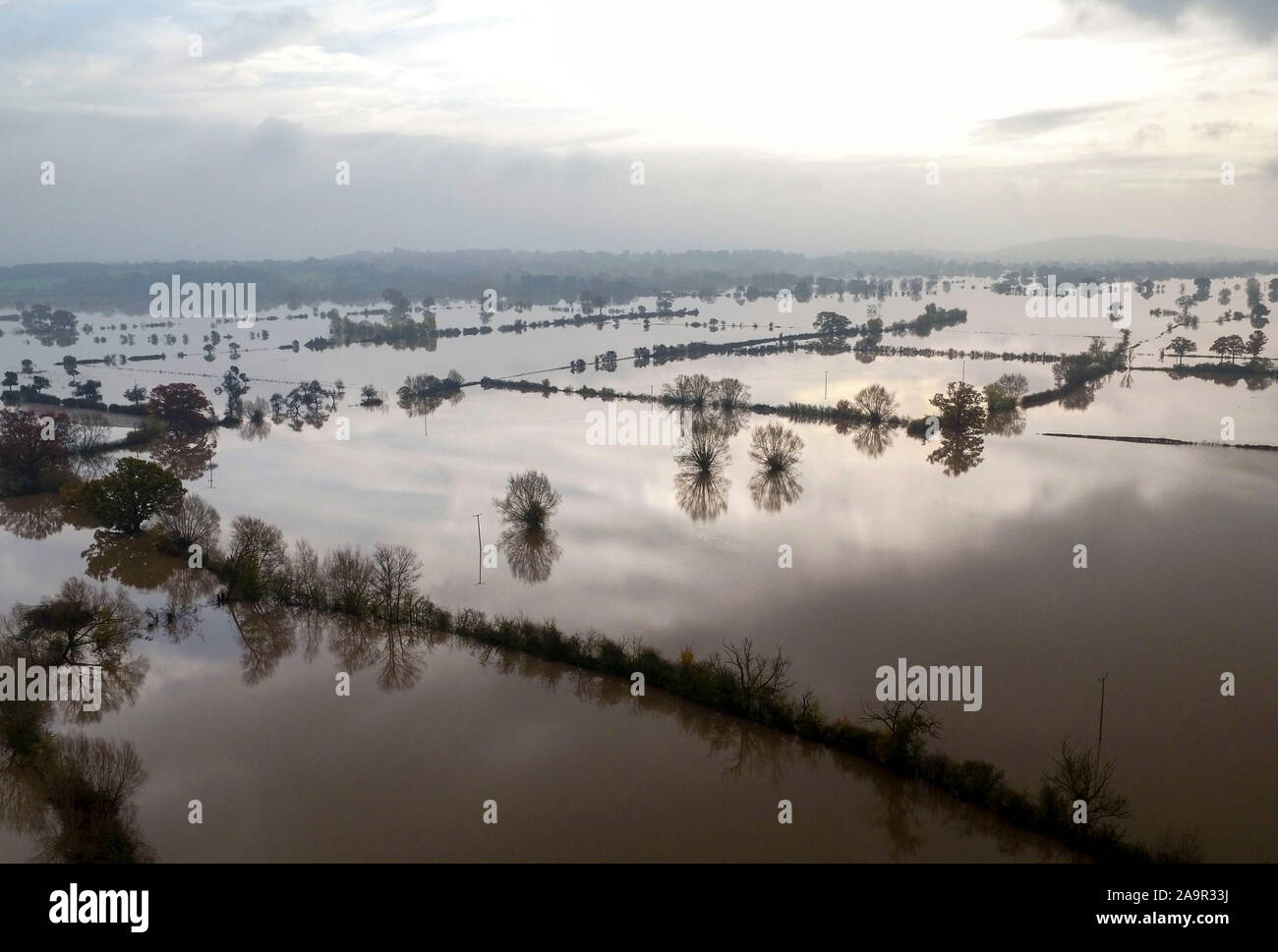 Überschwemmte Felder in der Nähe von Forthampton, Gloucestershire. Stockfoto