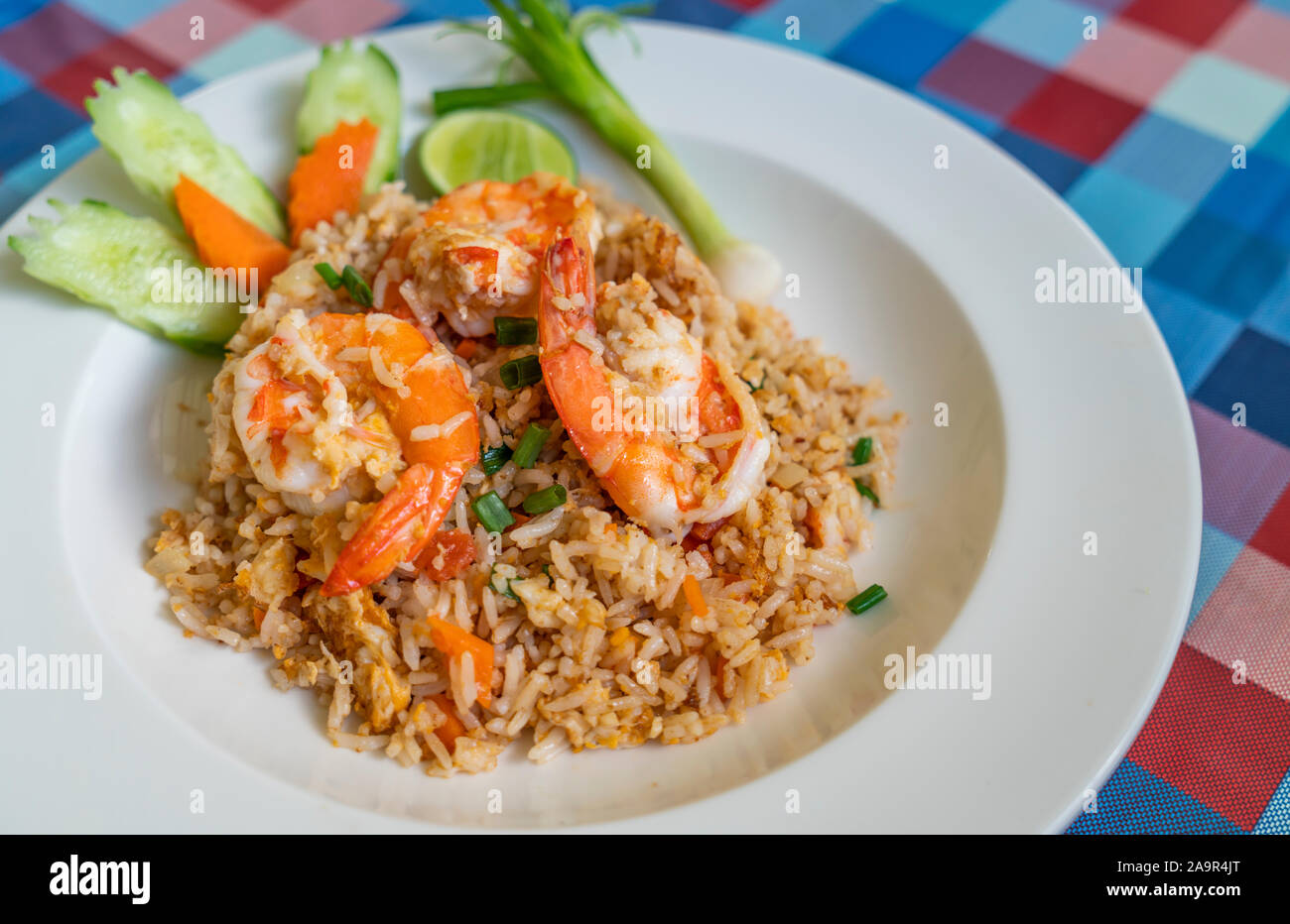 Close up Garnelen gebratener Reis, Thai Food. Stockfoto