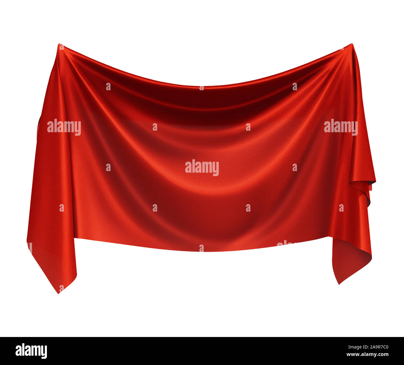 Pinned roter Seide Banner mit Falten auf weißem Hintergrund Stockfoto