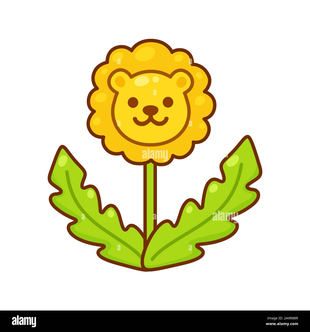 Cute cartoon Löwenzahn Löwe. Löwenzahn Blume Zeichnung mit lustigen Lion's Head. Einfachen Vektor clipart Illustration. Stock Vektor