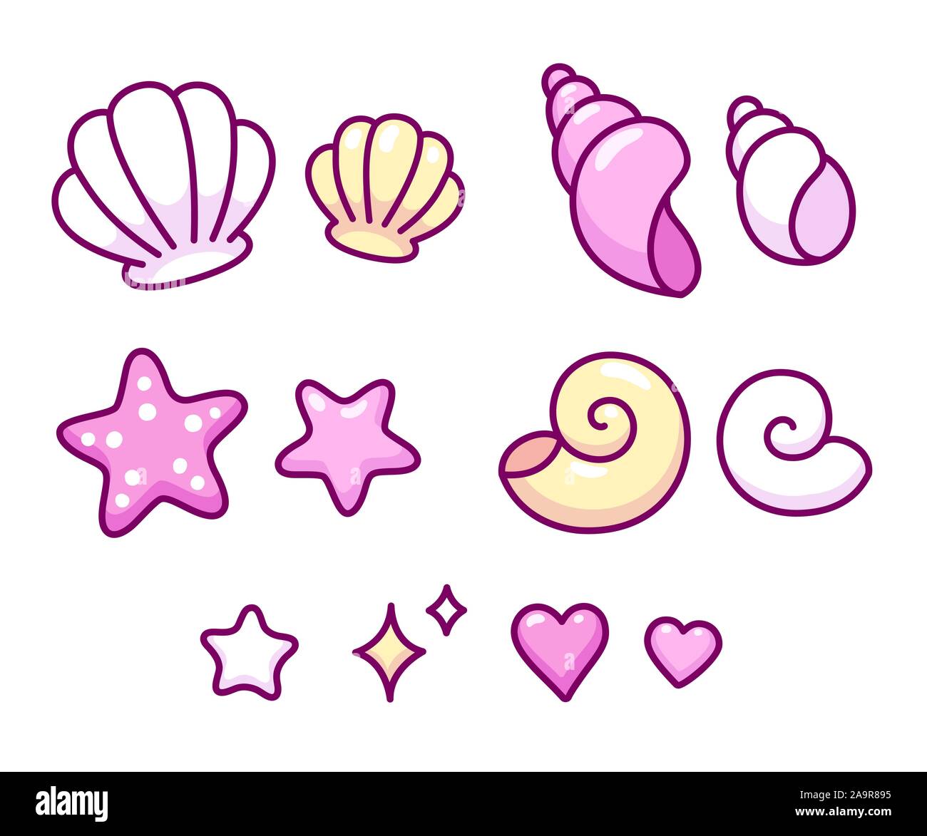 Cute cartoon Seashell doodle Icon Set. Hand gezeichnet Muscheln, conches, cockleshells und Seesterne. Isolierte vector clip art Illustration. Stock Vektor