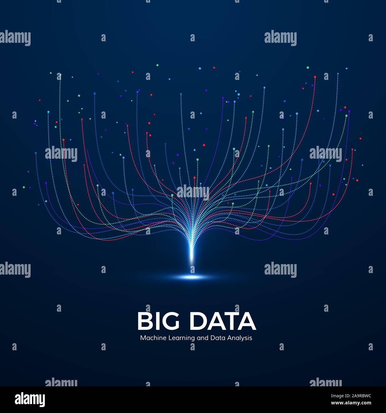Big Data Machine Learning und Analyse der Daten. Die digitale Technologie Visualisierung. Punkt- und Anschlussleitungen. Datenfluss zu analysieren und Informationen zu verarbeiten. Stock Vektor