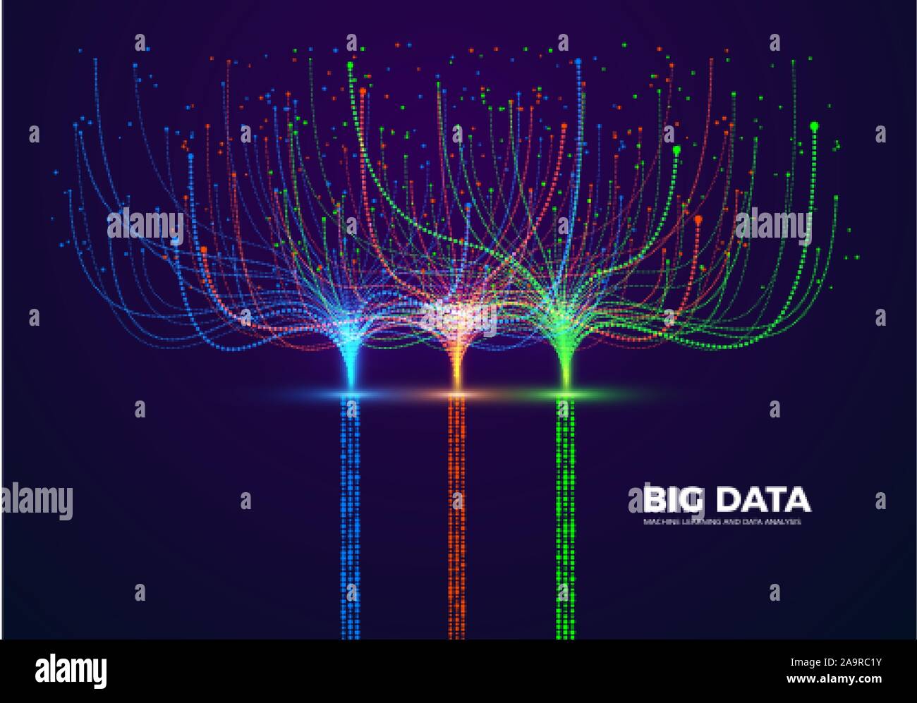 Big Data visuellen Konzept. Maschinelles Lernen und Data Analysis. Die digitale Technologie Visualisierung. Punkt- und Anschlussleitungen Datenfluss und Verarbeitung Infor Stock Vektor