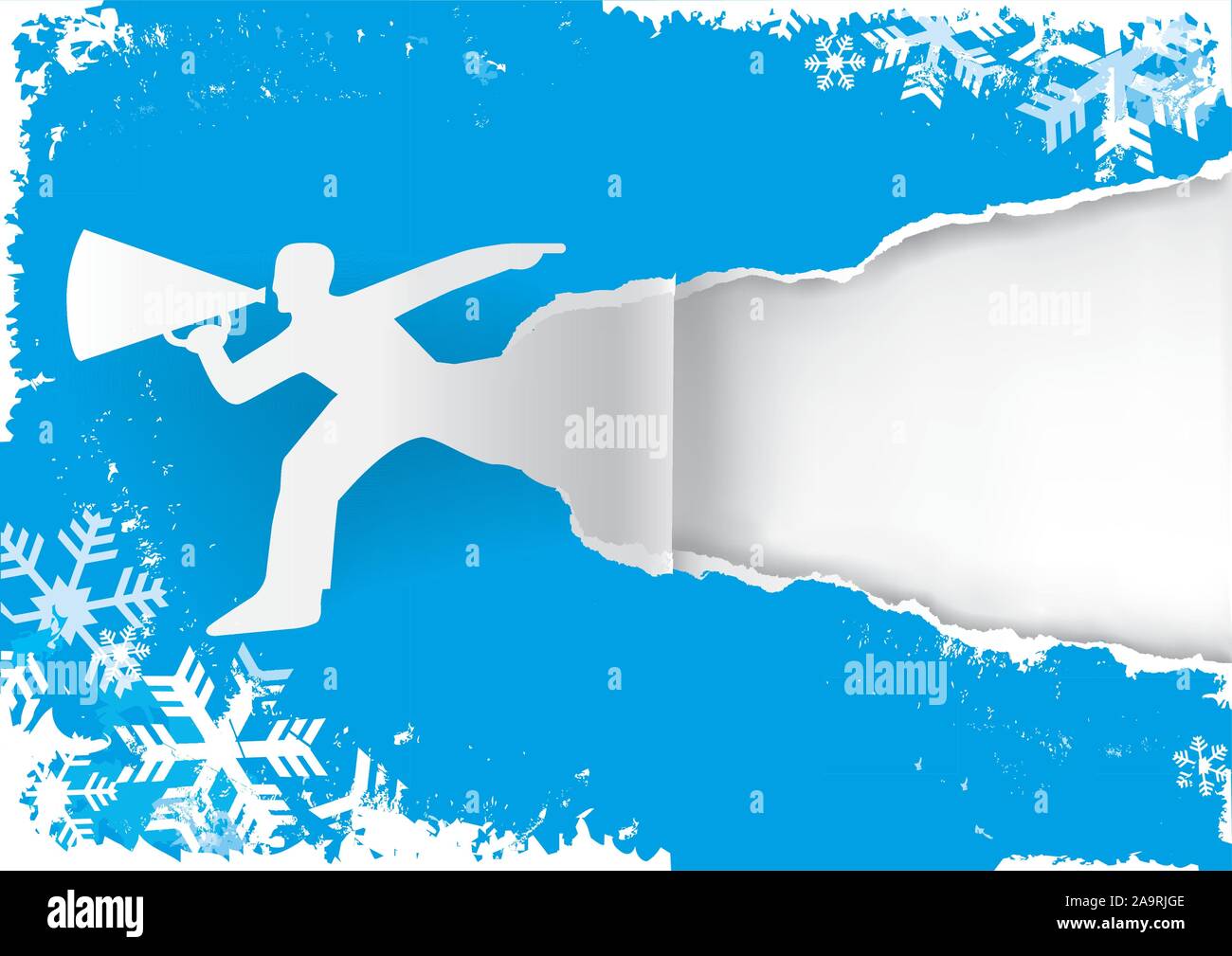 Mann mit Megaphon auf grunge style Papier Hintergrund mit Schneeflocken. Abbildung: geeignet für Original winter Flyer oder Banner. Vektor zur Verfügung. Stock Vektor