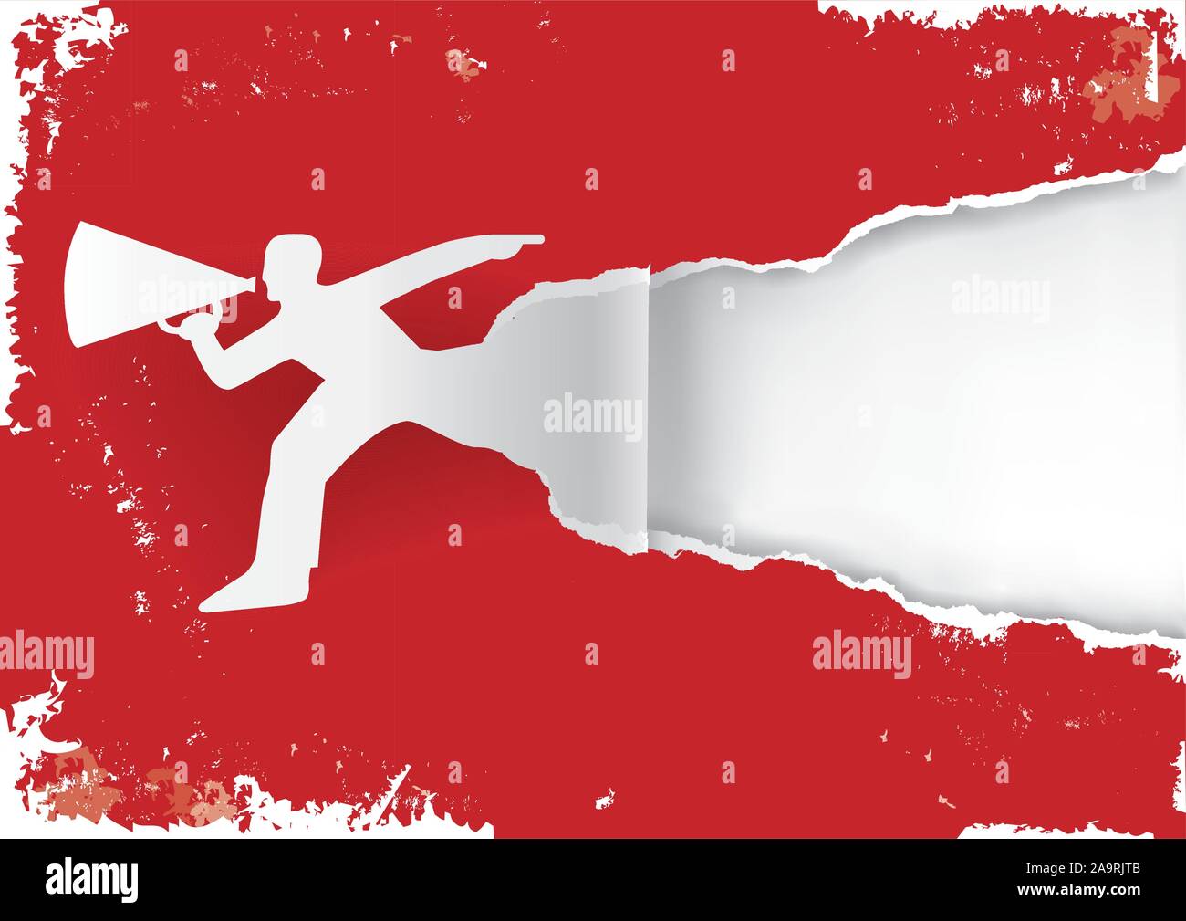 Mann mit Megaphon ripping Grunge style Papier Hintergrund. Abbildung: Ausdrucksstarke grunge Hintergrund. Geeignet für Original Flyer oder Banner. Stock Vektor