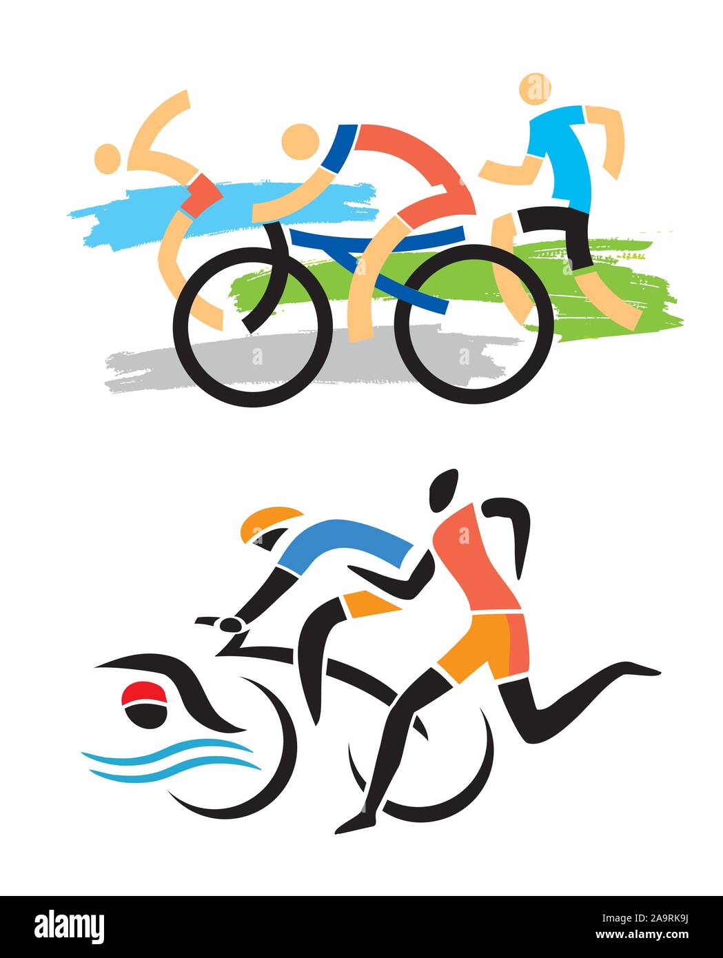 Triathlon Racers, Läufer, Radfahrer, Schwimmer Symbol. Zwei Stilisierte Abbildungen von Drei triathlon Sportler. Auf weissem Hintergrund. Vektor verfügbar Stock Vektor