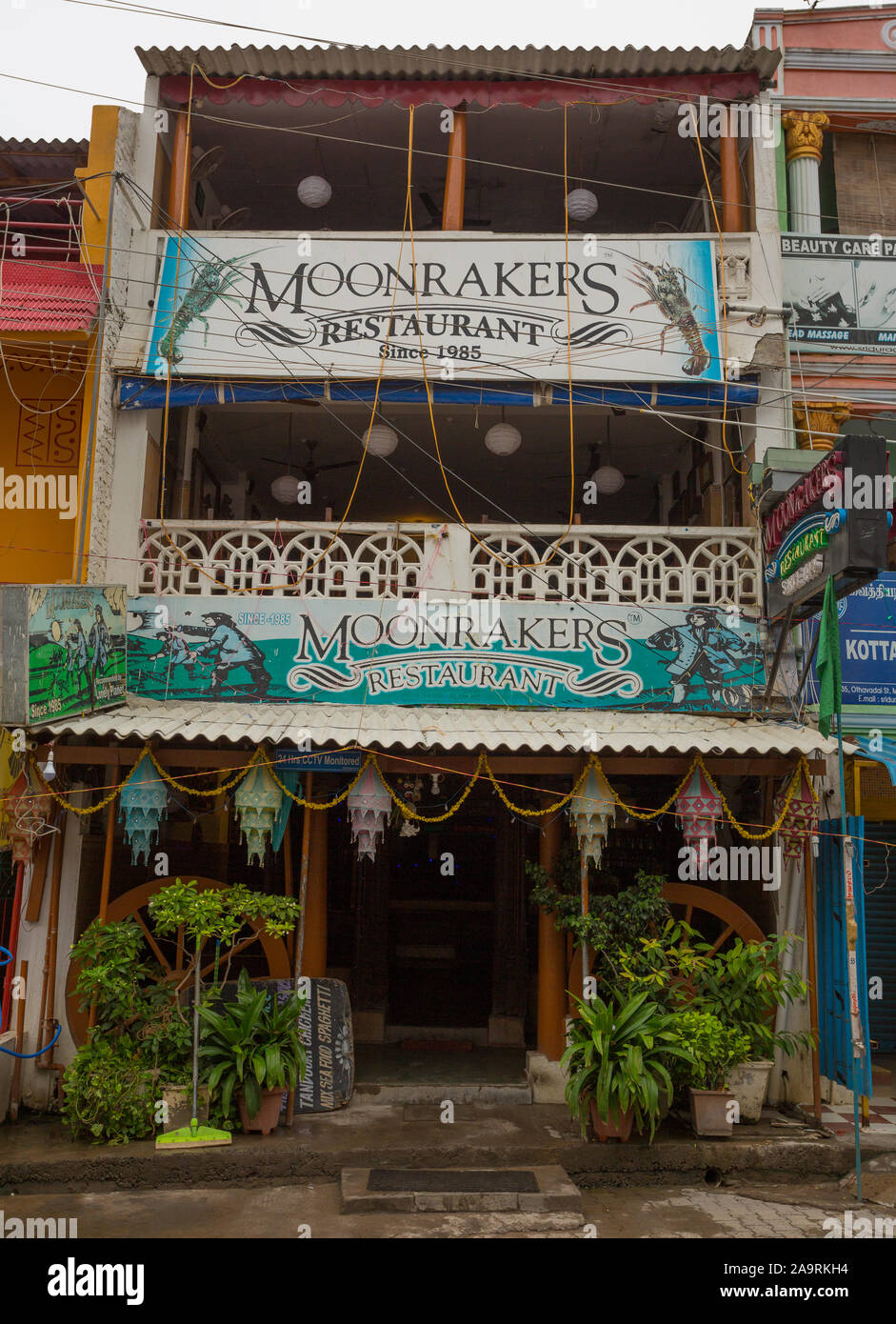 Berühmte Moonrakers Restaurant in Mahabalipuram (Tamil Nadu, Indien) Stockfoto