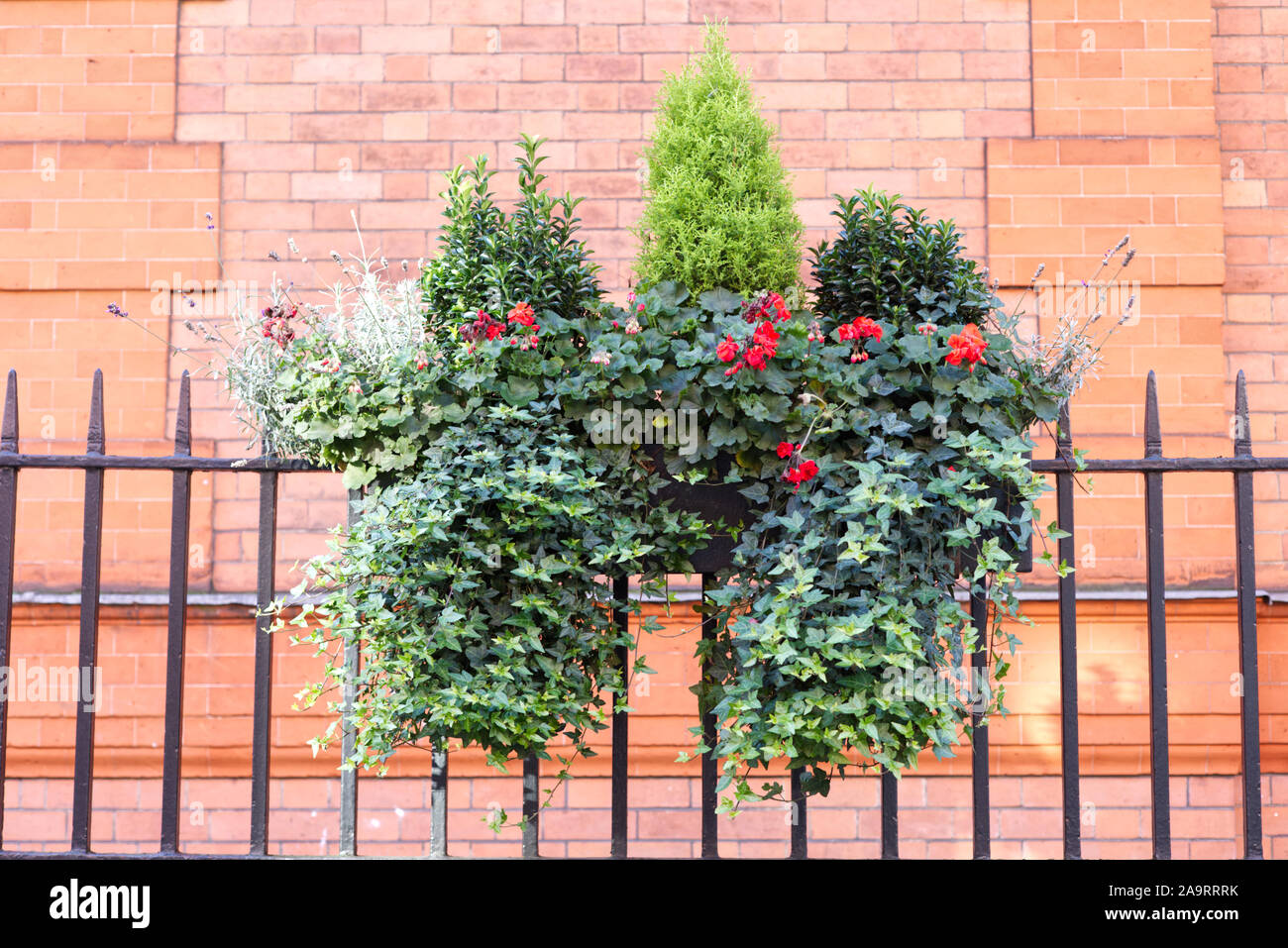 Zaun Blumen Dekoration gegen eine Red brick wall Stockfoto