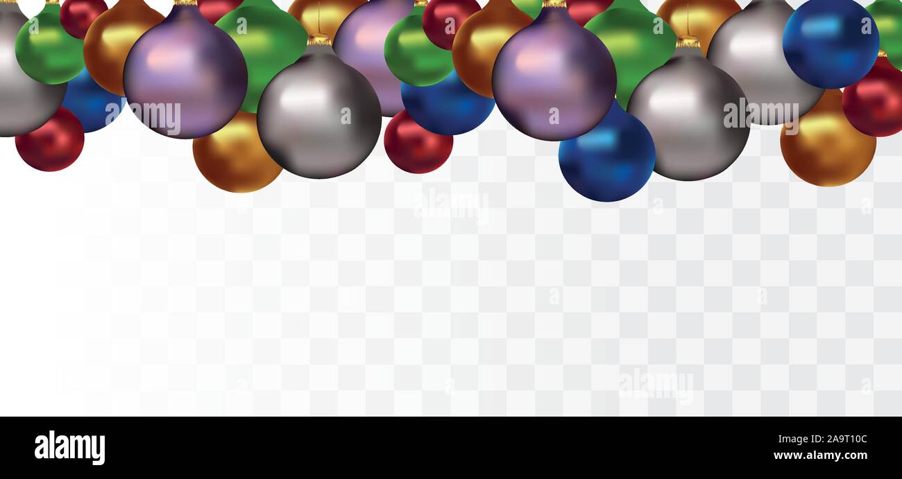 Weihnachten Spielzeug auf transparentem Hintergrund. Hängende Farben Weihnachten Kugeln. Frohes neues Jahr. 3D realistische Kugeln mit Kopie Platz für Ihren Text. Horisontal Stock Vektor