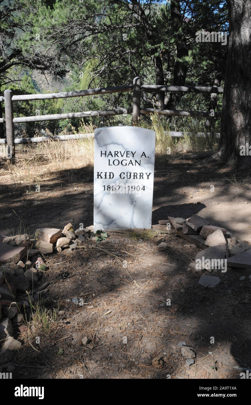 Grabstein in Linwood (aka Pioneer) Friedhof auf einem Hügel mit Blick auf Glenwood Springs zum Gedenken an den Outlaw Kid Curry, realen Namen Harvet einen Logan. Stockfoto