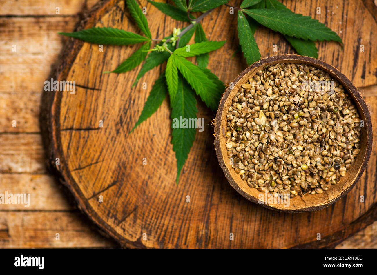 Cannabis marihuana samen und Blätter in einer Schüssel auf einem hölzernen Hintergrund Stockfoto