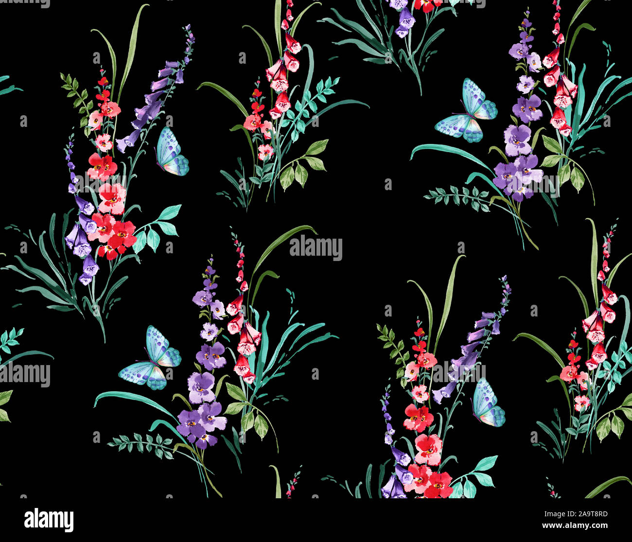 Bunte nahtlose floralen Muster gezeichnet dekorative Blumen Muster. Design für Wohnkultur, Stoff, Teppich, die Umhüllung auf schwarzem Hintergrund. Stockfoto