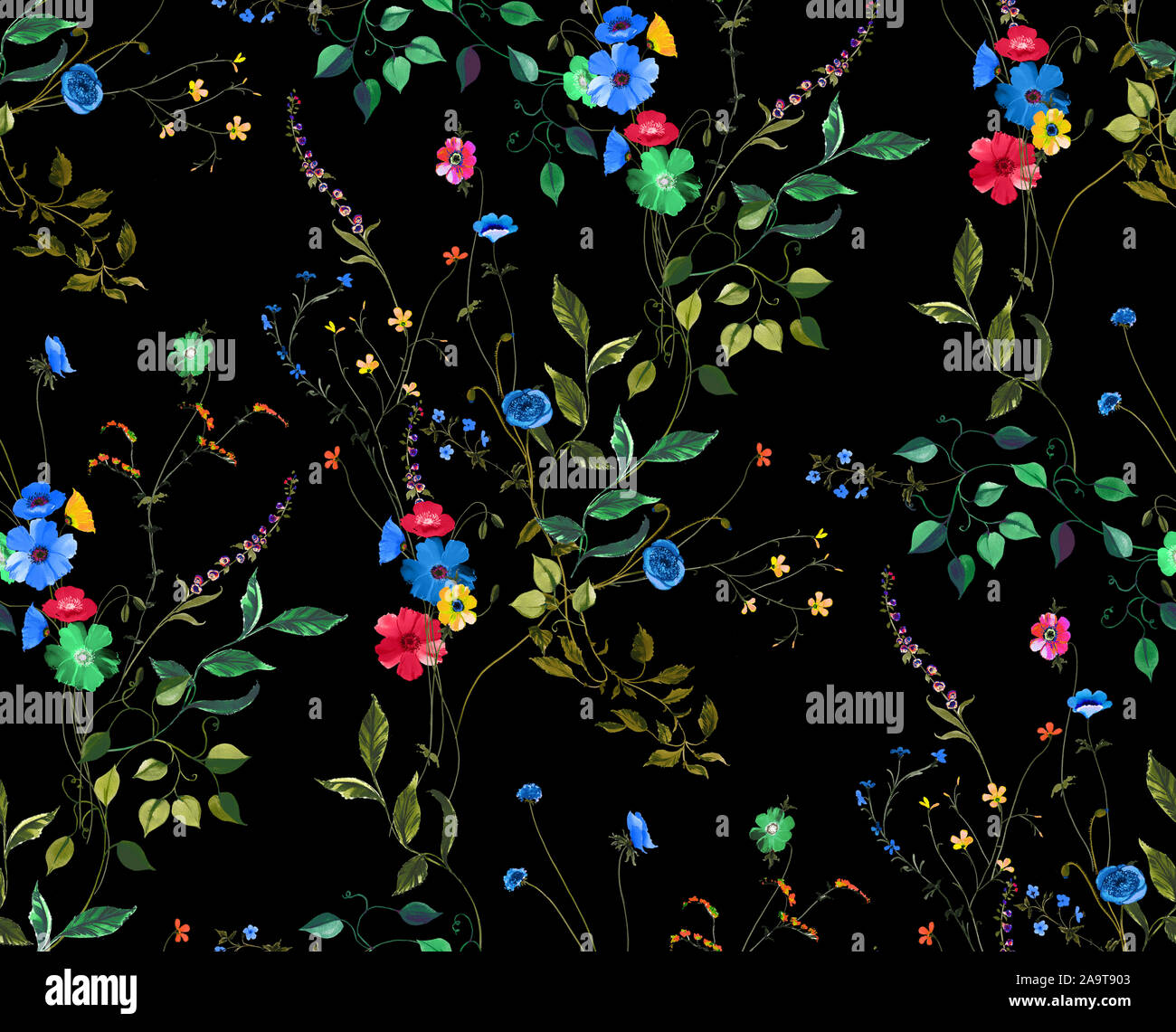 Aquarell nahtlose Muster mit Blumen und Blätter. Hand gemalte Aquarell Abbildung auf schwarzen Hintergrund. Stockfoto