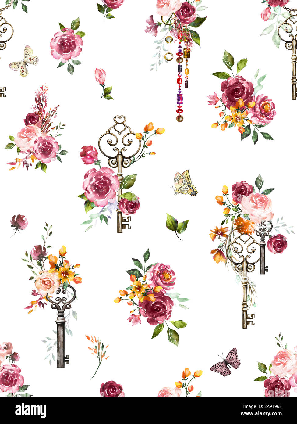 Nahtlose florales Muster mit Tasten und Blumen. Hand gemalte Aquarell Bild auf weißem Hintergrund. Stockfoto