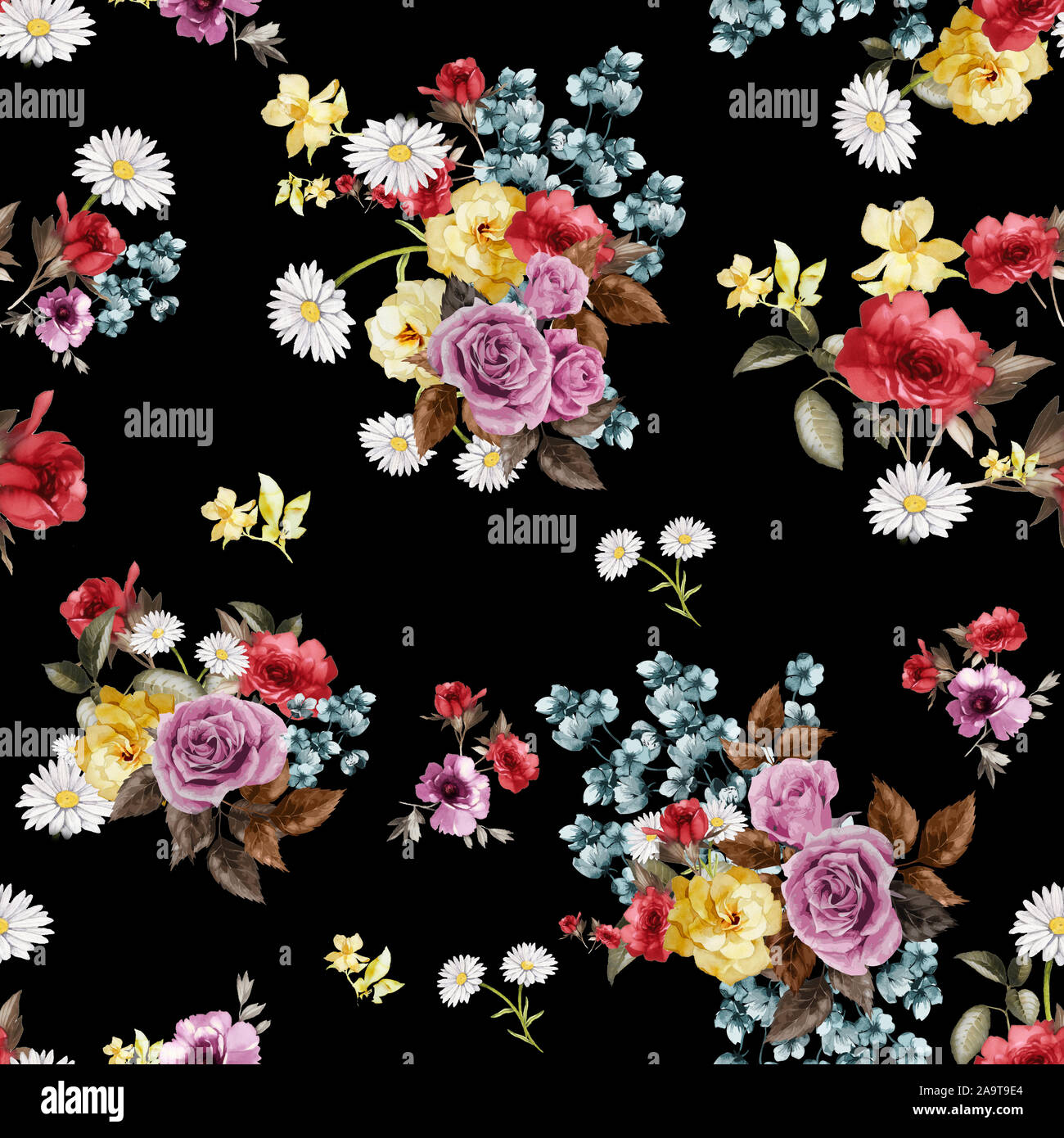 Nahtlose Muster eines schönen Blumen Blumenstrauß. Nahtlose Aquarell florales Design auf schwarzen Hintergrund für Textildruck. Stockfoto