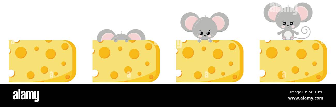 Cute Peek, Maus und Käse Vektor flachbild Bild auf weißem Hintergrund. Stock Vektor