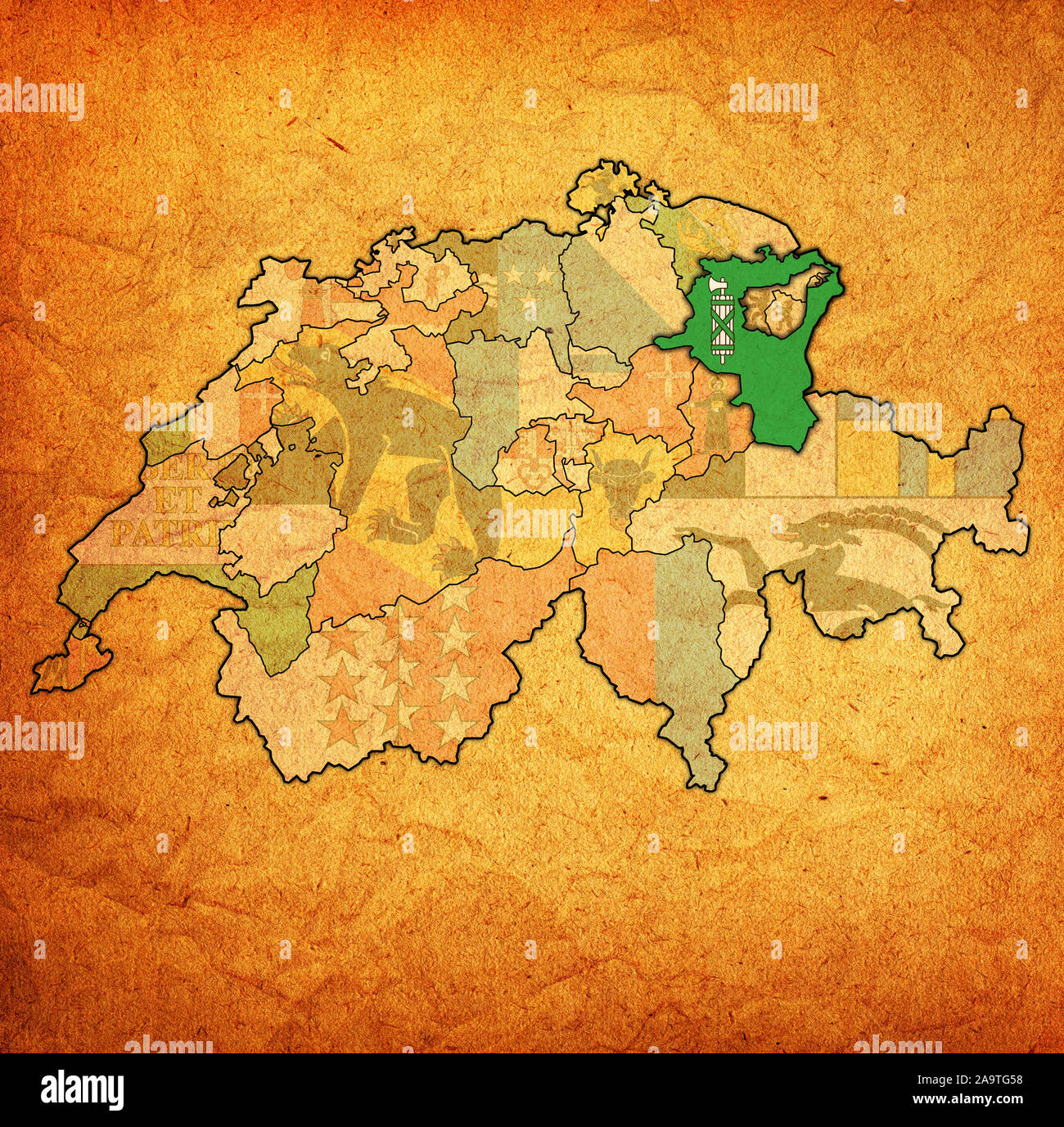 Flagge und Gebiet von St. Gallen Kanton auf der Karte von