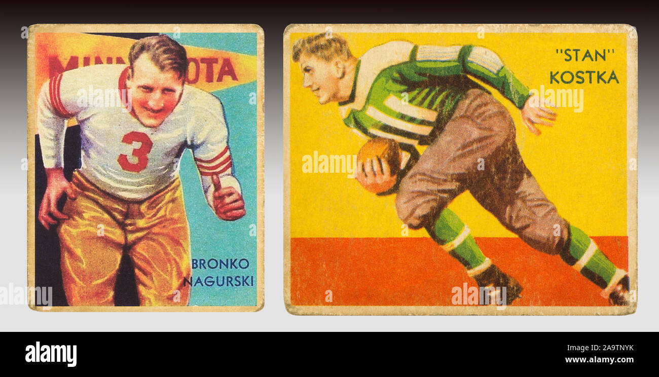 Universität von Minnesota Fußball Spieler Bronko Nagurski und Stan Kostka auf 1935 Nationale Chicle Co Fußball Karten. Bronislau Bronko Nagurski ist Feat Stockfoto
