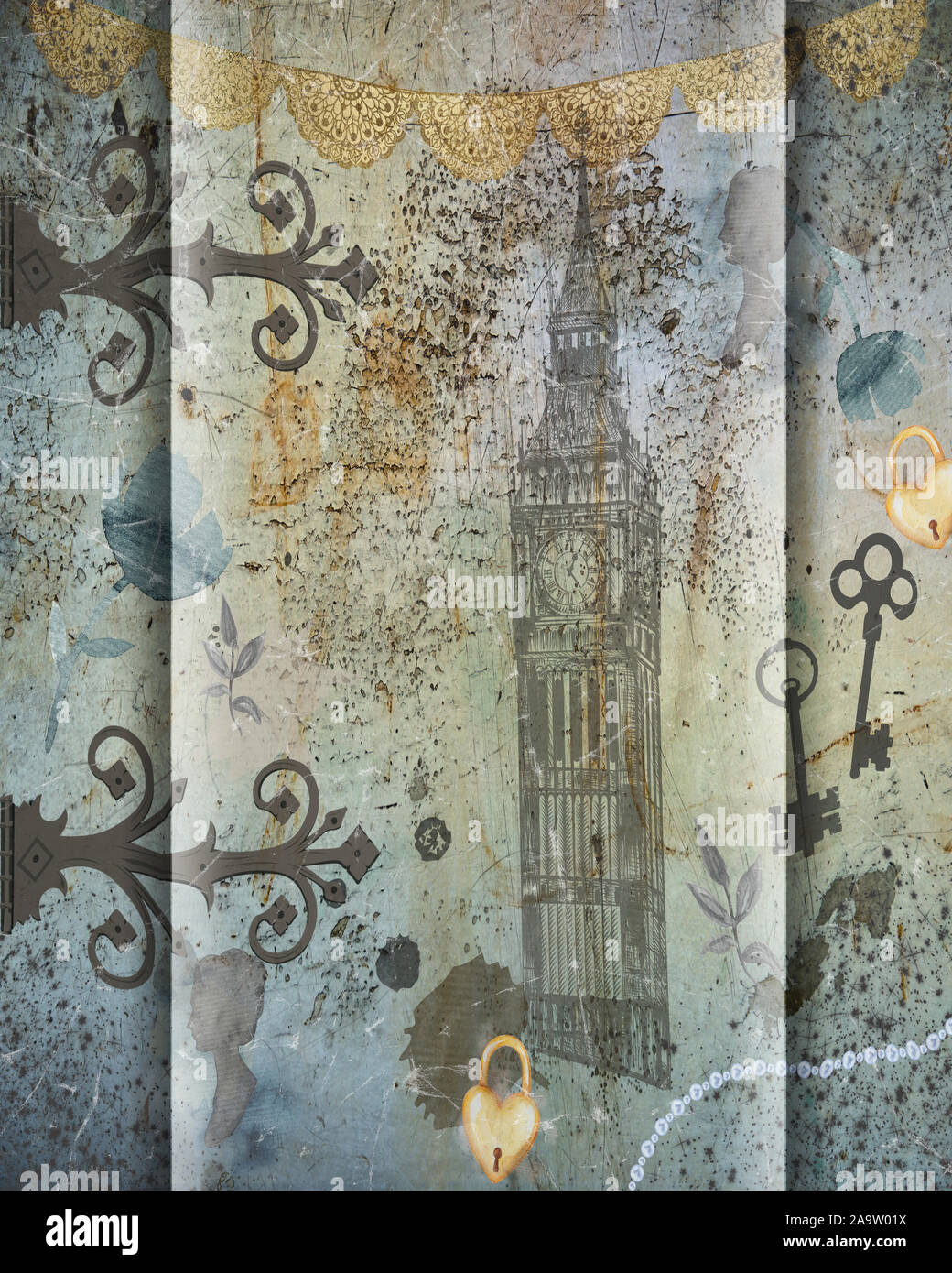 Big Ben Digital Art Ephemera Shabby Chic Wand Kunst Design Mit Viel Grunge Und Textur Gold Banner Herz Medaillons Perlen Die Tasten Den Alten Scharniere Stockfotografie Alamy