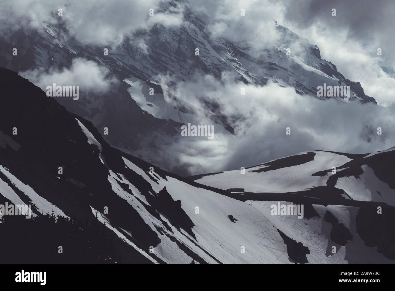 Dramatischer Sturm und Nebel auf Mount Rainier Stockfoto