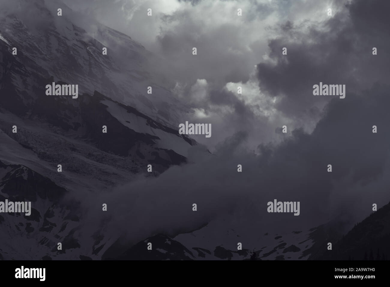 Dramatischer Sturm und Nebel auf Mount Rainier Stockfoto