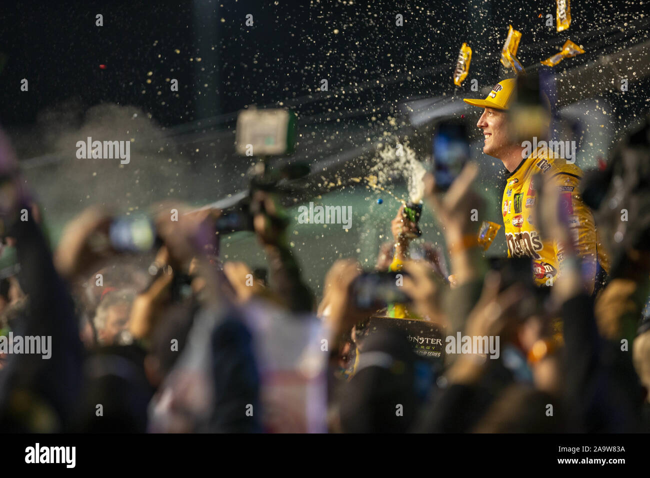 Homestead, Florida, USA. 17. Nov, 2019. Kyle Busch (18) gewinnt den NASCAR Monster Energy NASCAR Cup Series Meisterschaft an Homestead-Miami Speedway in Homestead, Florida. (Bild: © Stephen A. Arce Asp Inc/ASP) Stockfoto