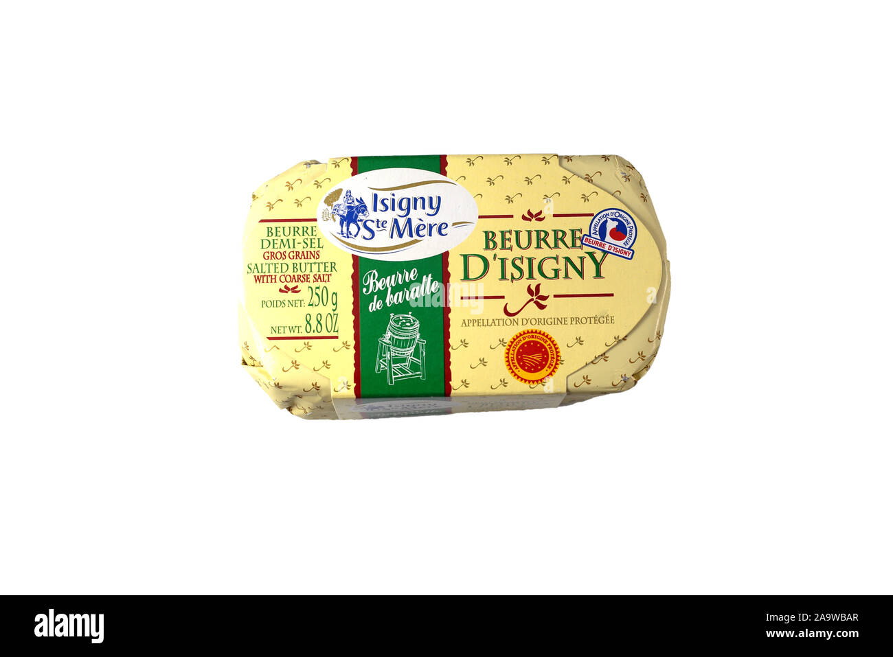 Isigny Ste Mere gesalzene Butter isoliert auf weißem Hintergrund. Ausschnitt Bild für Illustration und redaktionelle Verwendung. französisch Butter. Stockfoto