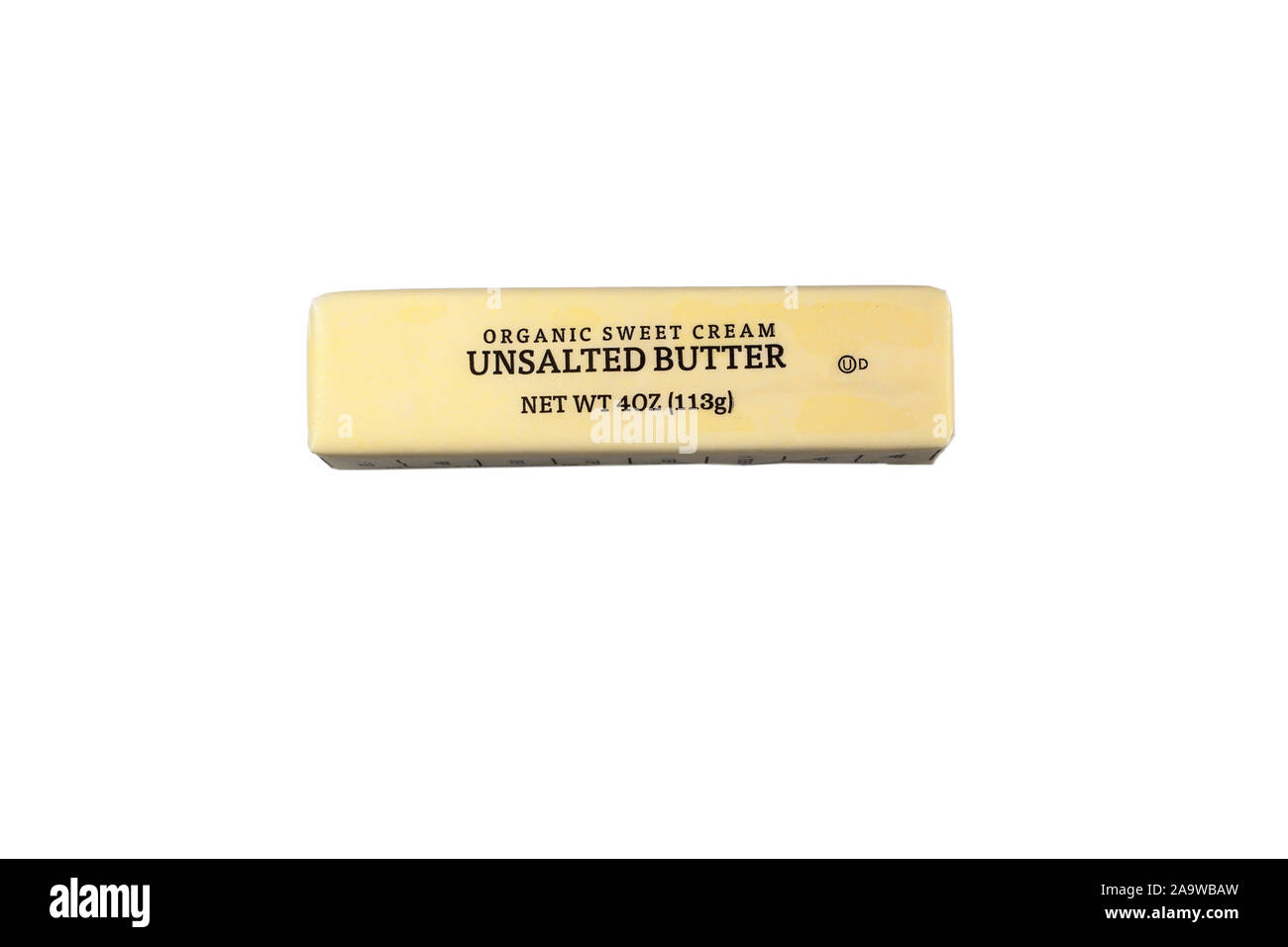 Ein Stock aus Bio, ungesalzene Butter isoliert auf einem weißen Hintergrund. Ausschnitt Bild für Illustration und redaktionelle Verwendung. Stockfoto