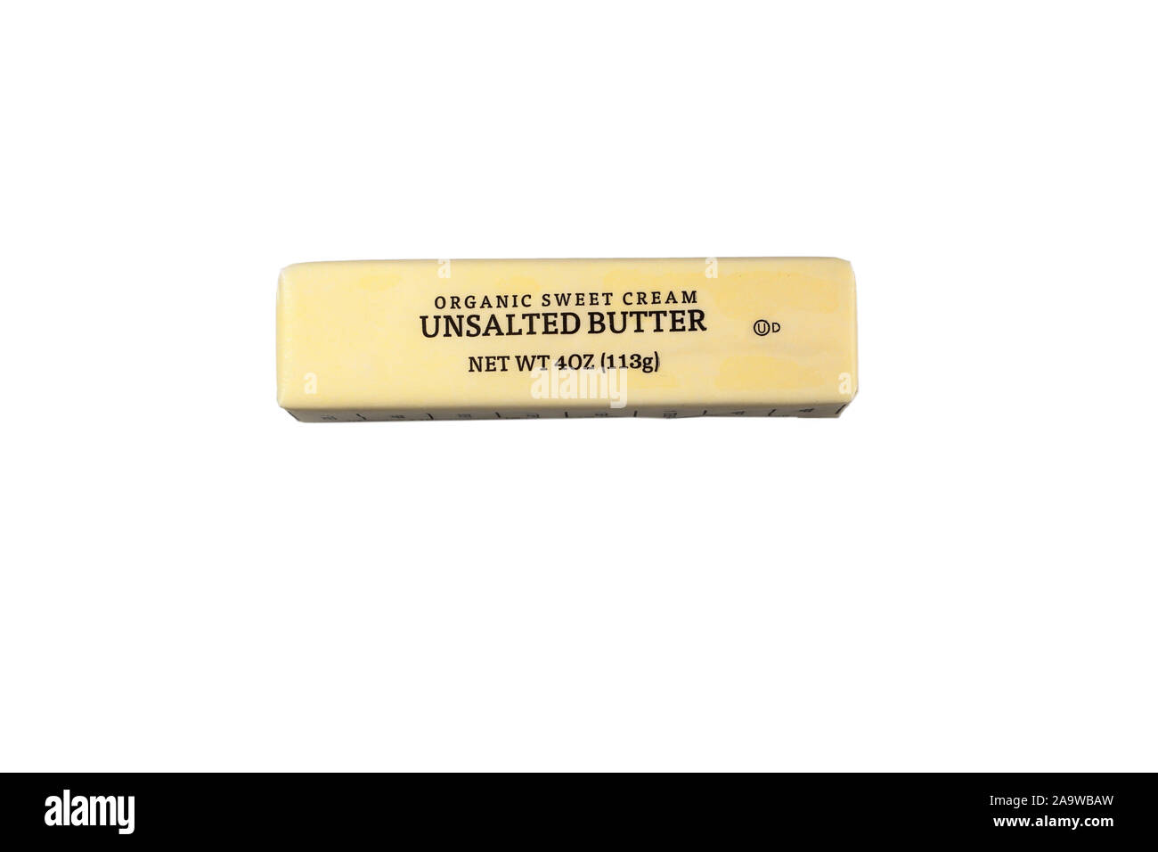 Ein Stock aus Bio, ungesalzene Butter isoliert auf einem weißen Hintergrund. Ausschnitt Bild für Illustration und redaktionelle Verwendung. Stockfoto