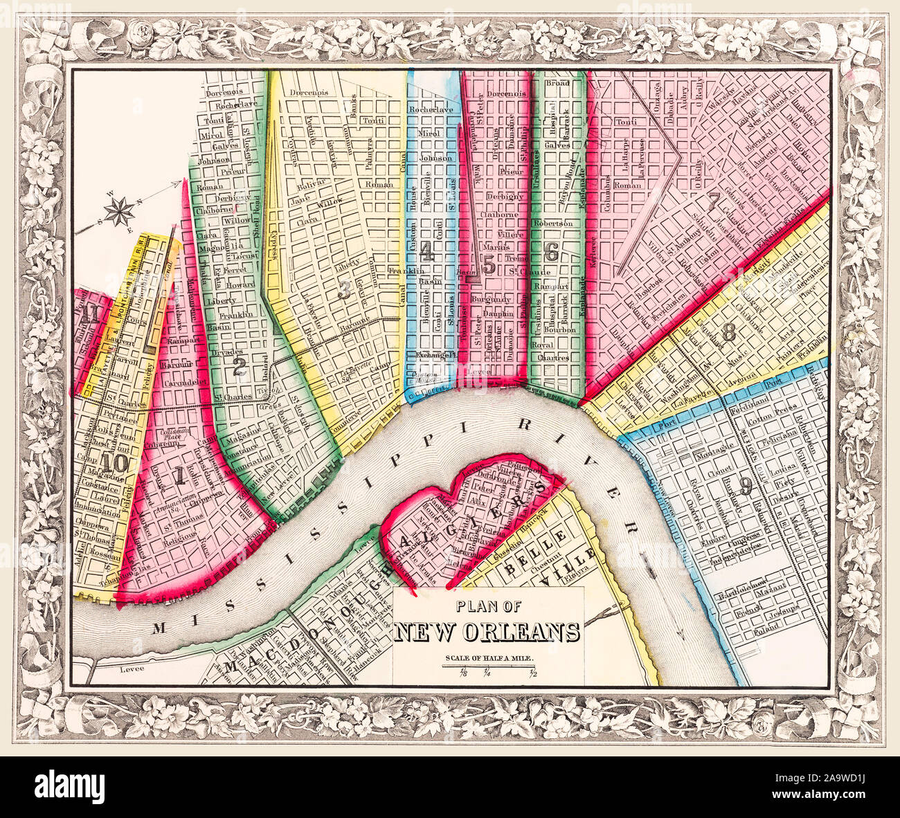 Karte von New Orleans, ca. 1863 zum ersten Mal veröffentlicht. Ich habe interessante, alte 19 ausgewählt und zu Beginn des 20. Jahrhunderts Grafiken für digitale Restaurierung. Stockfoto