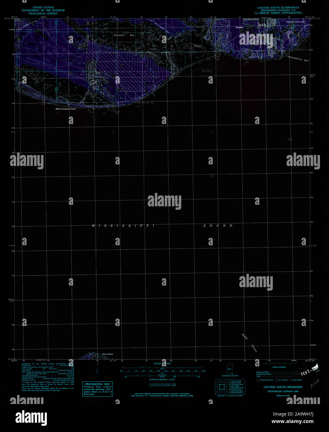 USGS TOPO Karte Mississippi MS Gautier Süden 335693 1982 24000 invertiert Wiederherstellung Stockfoto