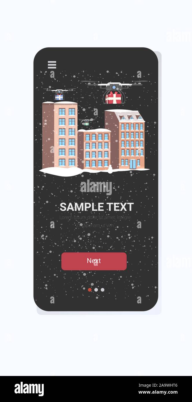 Drohnen liefern Geschenkboxen sky Transport Versand vorhanden Air Mail Express Lieferung Konzept quadcopters über Stadt Häuser der Bildschirm des Smartphones online mobile App vertikale Vektor illustration Stock Vektor