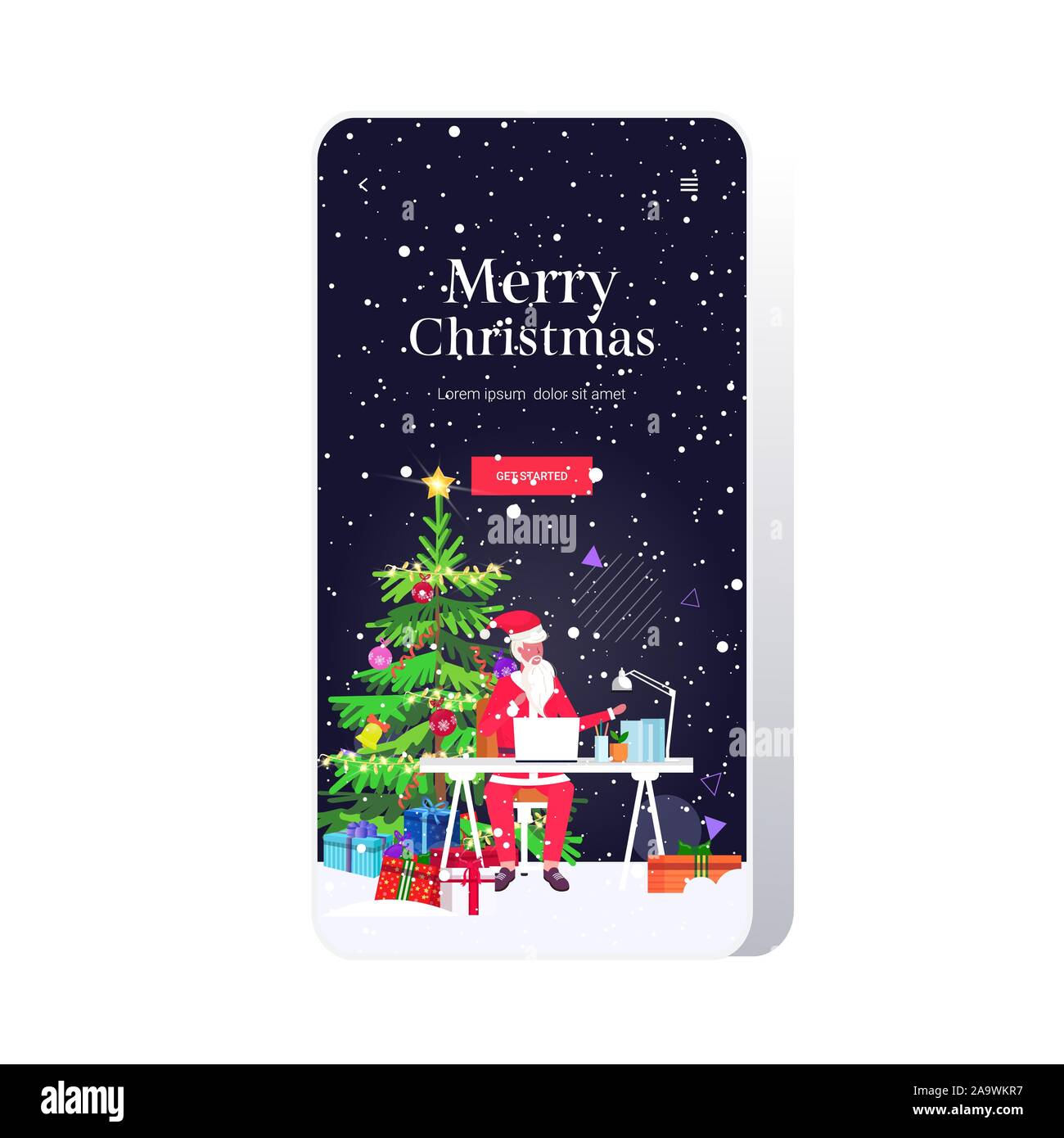 Santa Claus mit Laptop sitzen am Arbeitsplatz in der Nähe Tanne mit geschenkboxen Weihnachten Neujahr feier Konzept der Bildschirm des Smartphones online mobile App Gruß-Karte voller Länge Vektor illustration Stock Vektor