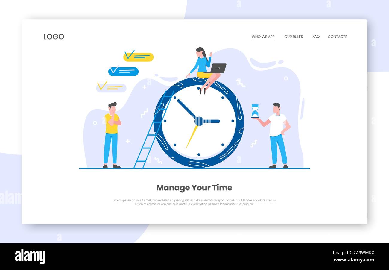 Business Zeitmanagement Internet Startseite Konzept Vorlage mit Menschen Figuren gemeinsam auf in der Nähe von Big clock. Teamwork Konzept Flat Style Stock Vektor