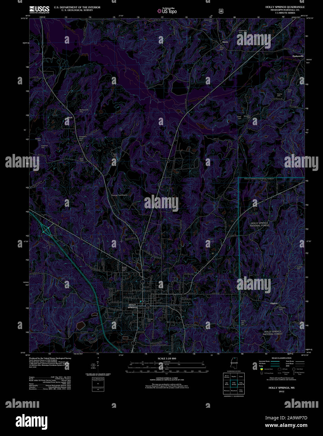 USGS TOPO Karte Mississippi MS Holly Springs 20120329 TM invertiert Wiederherstellung Stockfoto