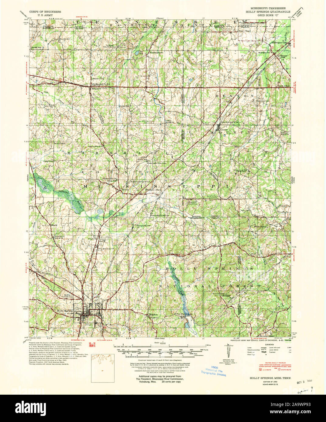 USGS TOPO Karte Mississippi MS Holly Springs 336926 1953 62.500 Wiederherstellung Stockfoto