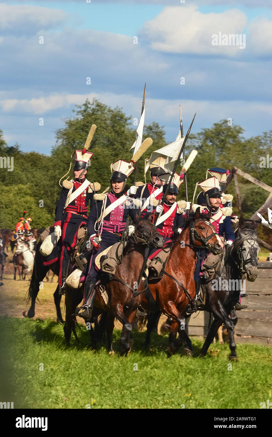 Rekonstruktion der Schlacht von Borodino zwischen den russischen und französischen Armeen in 1812. Russland, Moskauer Gebiet, Borodino village September 1, 2012 Stockfoto