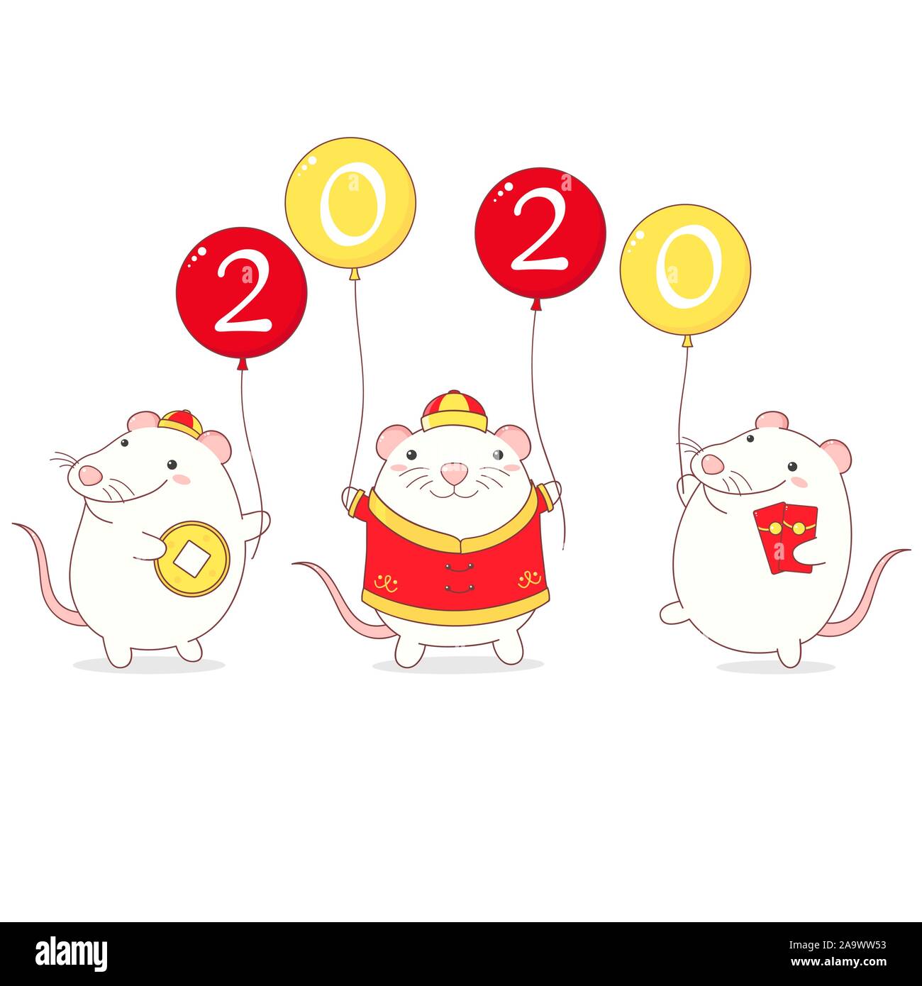 Happy Chinese New Year 2020 - Jahr der Ratte. Drei süße Ratten in kawaii Stil witn Luftballons. EPS8 Stock Vektor