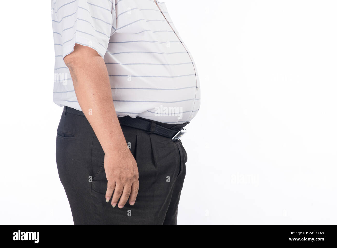 Fat Man Bauch. aus nächster Nähe erschossen von Fett, Übergewicht, Übergewicht Vati bod Magen. südostasiatischen Mann Modell Stockfoto