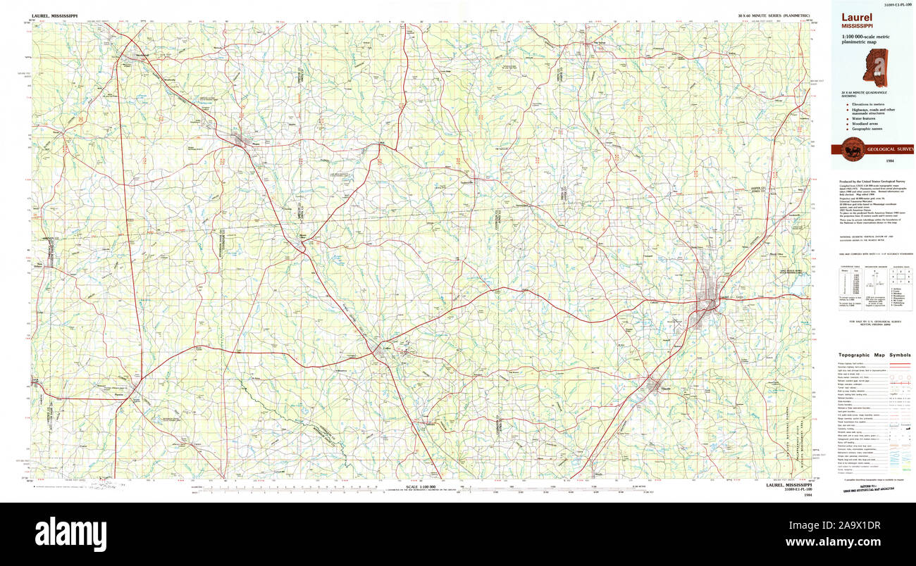 USGS TOPO Karte Mississippi MS Laurel 337228 1984 100000 Restaurierung Stockfoto