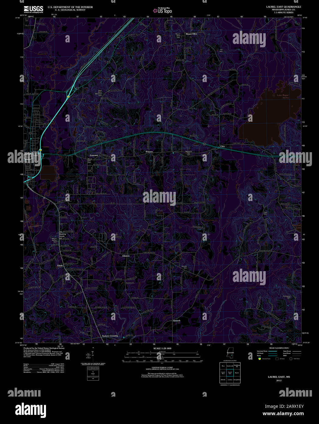 USGS TOPO Karte Mississippi MS Laurel Osten 20120507 TM invertiert Wiederherstellung Stockfoto