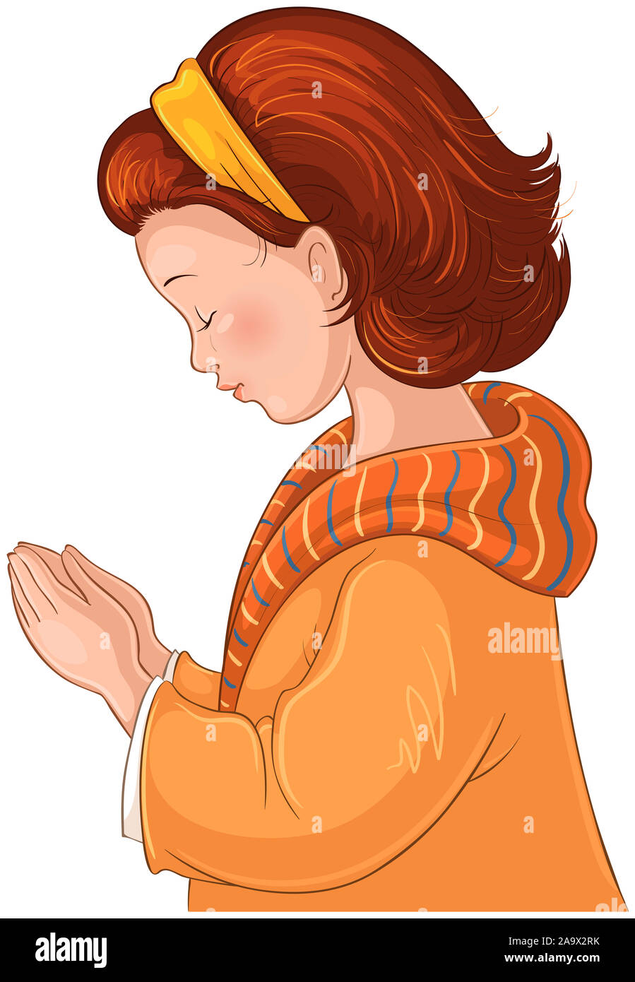 Cute Cartoon kleine Mädchen beten und ihre Hände gefaltet Abbildung auf weißem Hintergrund Stockfoto
