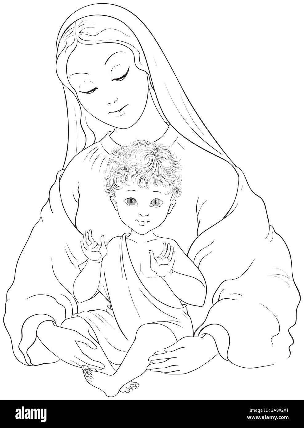 Madonna und Kind. Jungfrau Maria mit dem Jesuskind cartoon Färbung Seite Stockfoto