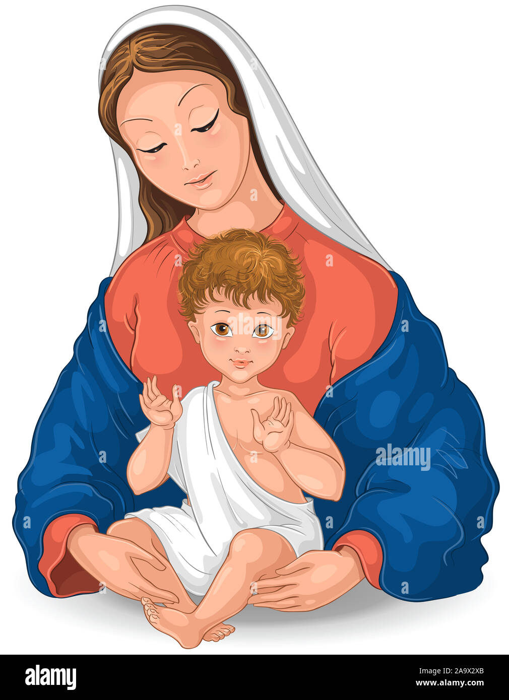 Madonna und Kind. Jungfrau Maria mit dem Jesuskind Cartoon Illustration auf weißem Hintergrund Stockfoto