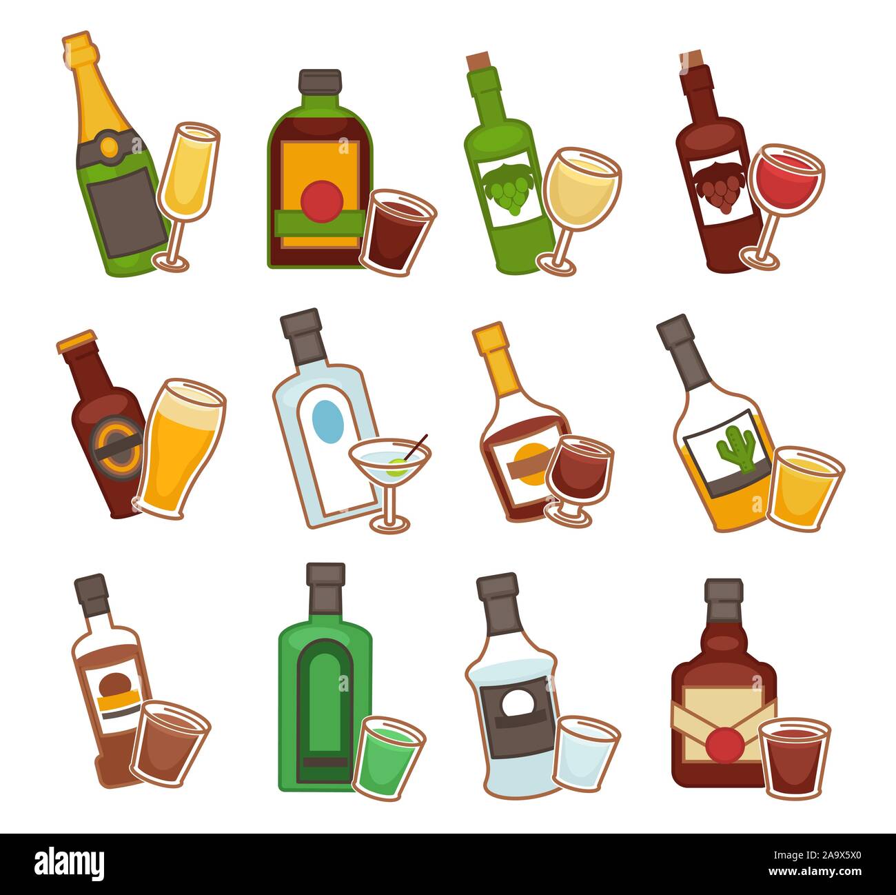 Bar Alkohol Getränke, Flaschen und Gläser isoliert Symbole Stock Vektor