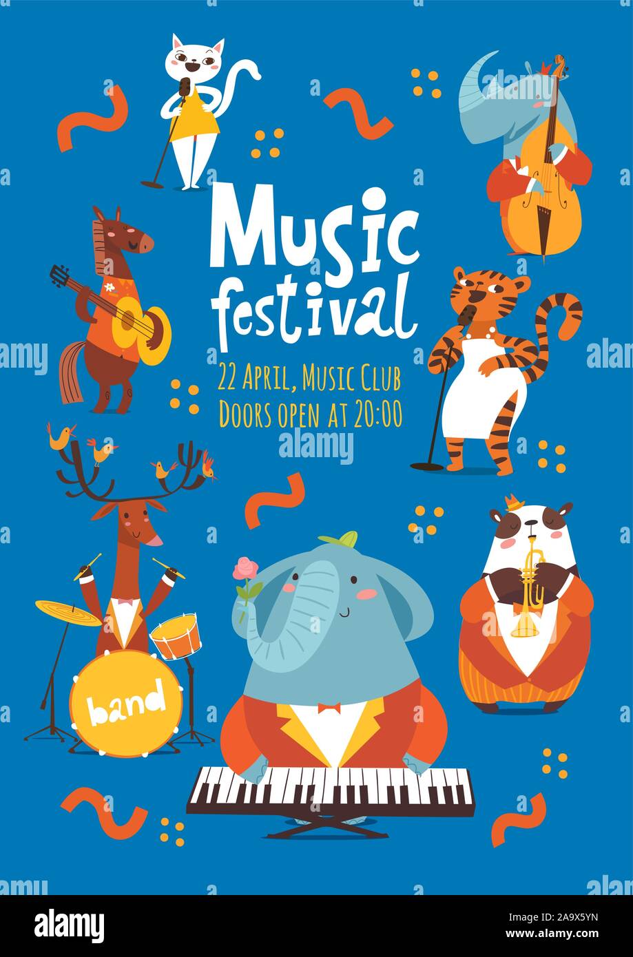 Jazz Festival Plakat Design Mit Cartoon Tiere Musik Instrumente Stock Vektorgrafik Alamy