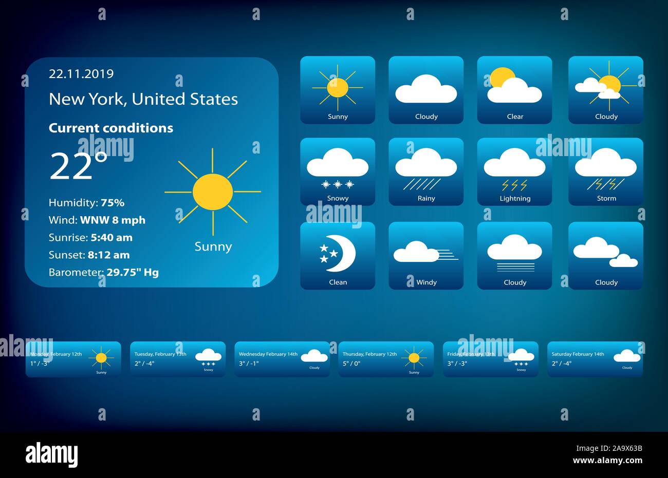 Satz von Wetter Symbole. Meteorologie Abbildungen auf dunklen blauen Gradienten Hintergrund isoliert. Stock Vektor