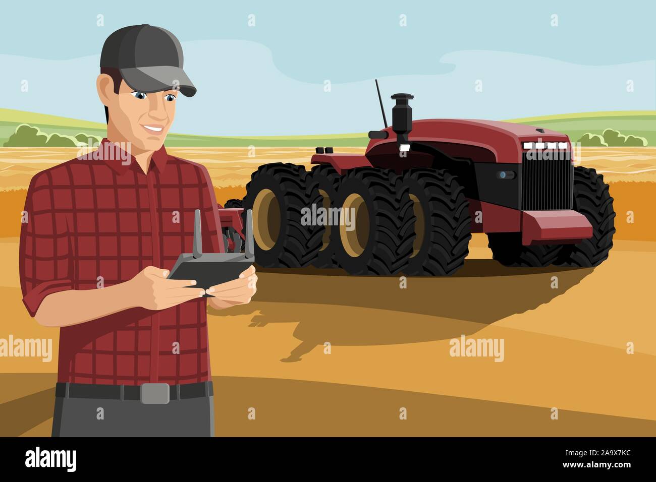 Bauer steuert eine autonome Traktor auf einem Bauernhof. Vector Illustration EPS 10. Stock Vektor