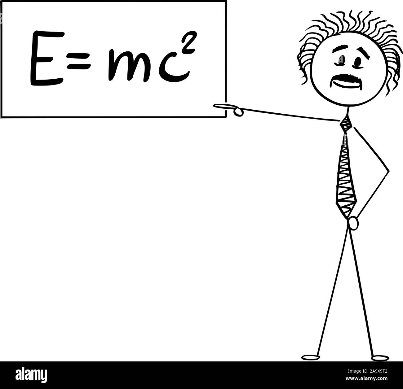 Vektor cartoon Strichmännchen Zeichnen konzeptionelle Darstellung der Wissenschaftler Albert Einstein, der auf Zeichen mit E gleich mc2 Gleichung der speziellen Relativitätstheorie. Stock Vektor