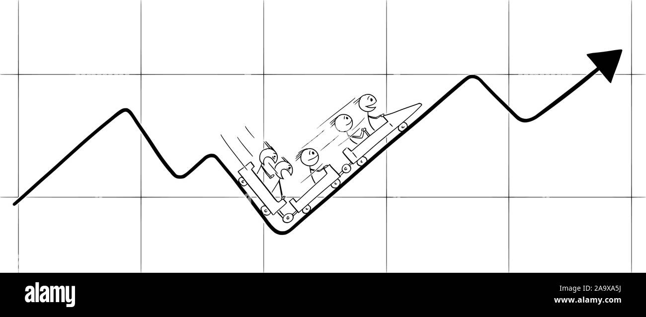 Vektor cartoon Strichmännchen Zeichnen konzeptionelle Darstellung der Unternehmer Reiten auf der finanziellen Diagramm oder Tabelle auf der Achterbahn oder großen Wagen. Die Instabilität der Märkte und Änderungen Konzept. Stock Vektor